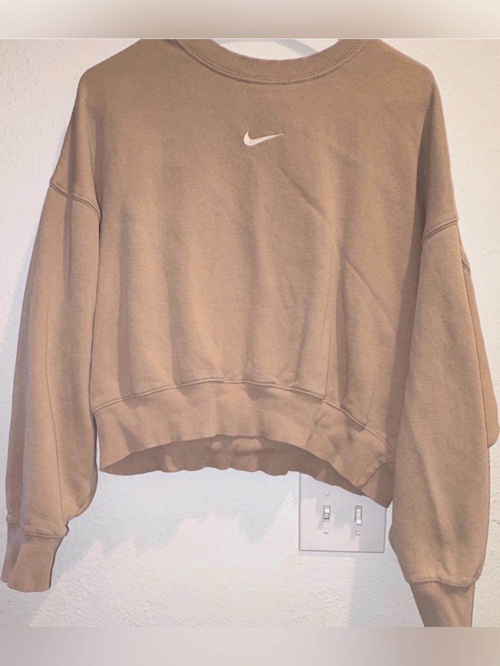 Nike Women's Cropped Tan Crew Sweatshirt with White Swoosh